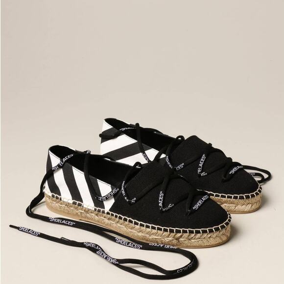 Off-White c/o Virgil Abloh Black & White Canvas Striped Lace-Up Espadrille Flat - Picture 1 of 16